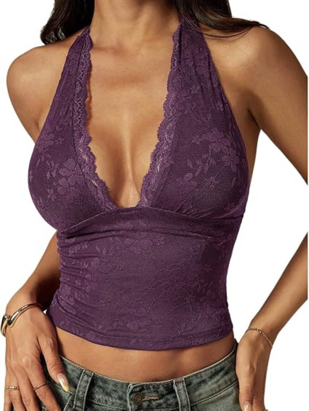 RoseSeek Purple Lace Floral Halter Tank Top Petite Y2K Plunge Backless - Size PL
